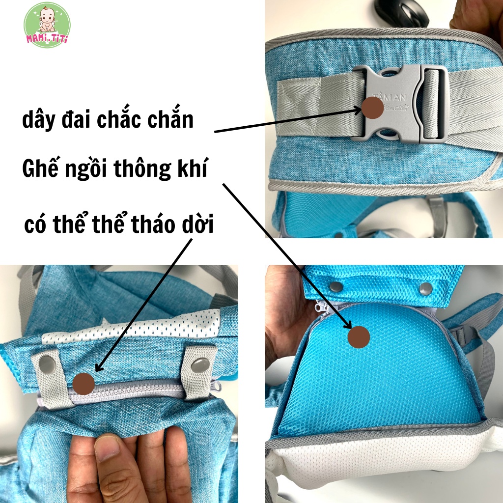 Địu ngồi cho bé Tâm An, Địu cho bé trợ lực vai và lưng, thông hơi thoáng khí