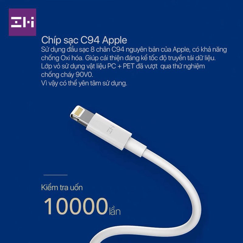 Cáp sạc USB-C to Lightning ZMI, Có MFi, Hỗ trợ sạc nhanh PD, Model AL870