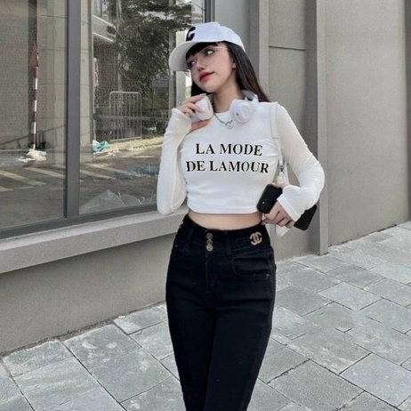 Áo thun dài tay dáng ôm croptop, Áo kiểu in chữ dáng ngắn sexxy AT6819 - NhiNhi Shop