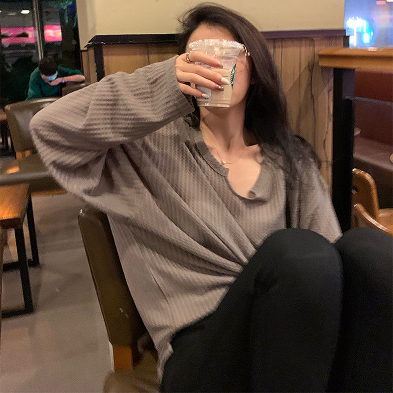 Áo Thun Tay Dài Dáng Rộng Màu Sắc Đơn Giản Cho Nữ