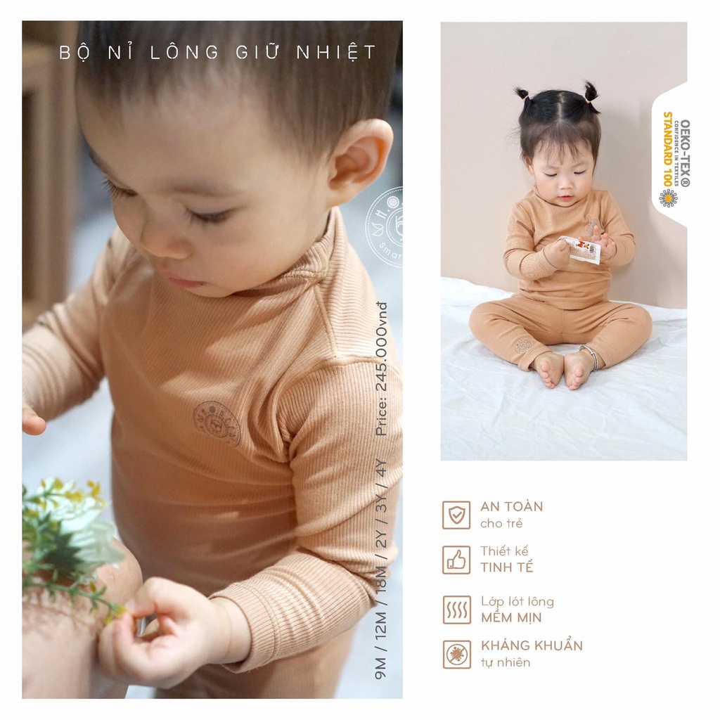 Bộ quần áo nỉ lông giữ nhiệt Hrnee chính hãng (6m-4y)