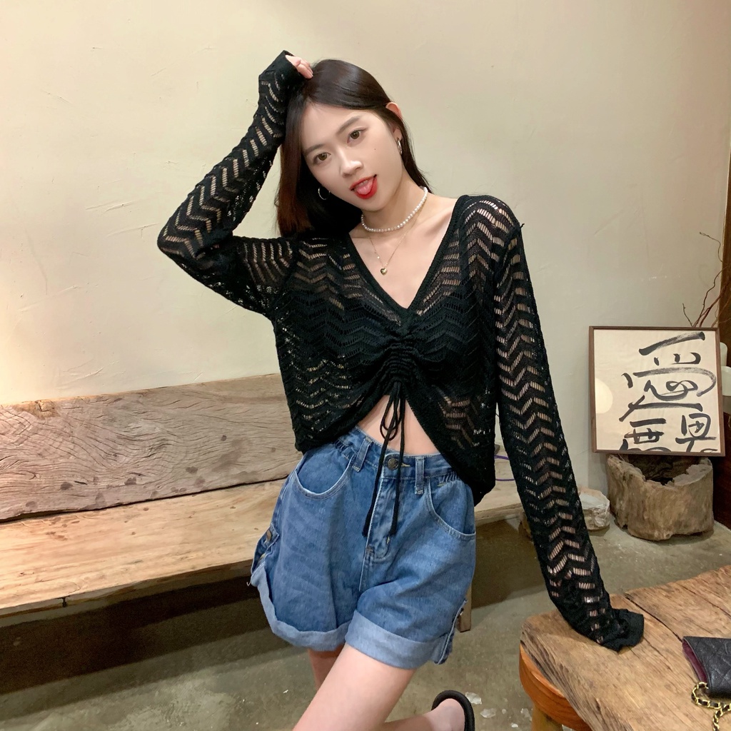 【ZHELIHANGFEI】Áo Dệt Kim Tay Dài Dáng Rộng Phối Dây Rút Thời Trang Trẻ Trung Cá Tính