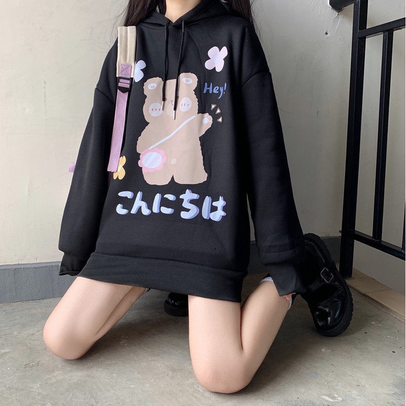 Áo hoodie dáng rộng in hình gấu hoạt hình phong cách Nhật Bản