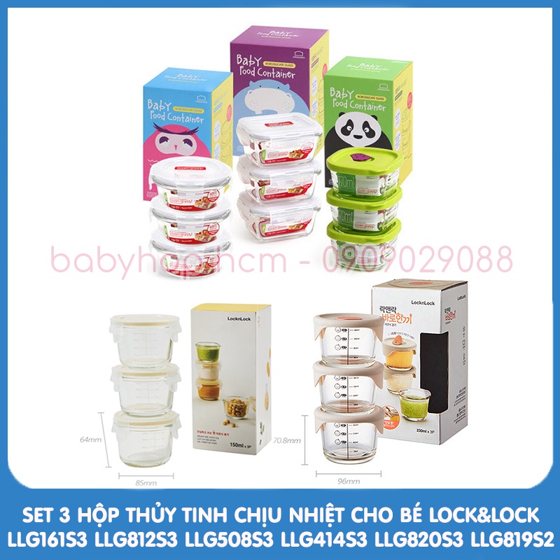 Set 3 Hộp Thủy Tinh Chịu Nhiệt Cho Bé Lock&amp;Lock LLG161S3 LLG812S3 LLG508S3 LLG414S3 LLG820S3 LLG819S2 LLG510S3