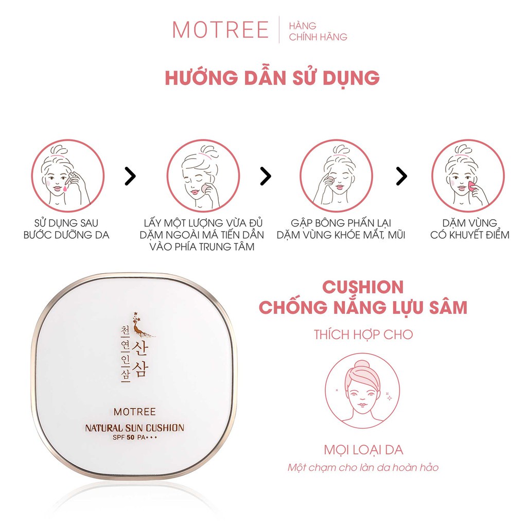 CUSHION MOTREE chính hãng [ quà tặng kèm] -  trang điểm chống nắng LỰU SÂM - NATURAL SUN CUSHION SPF 50+ PA++