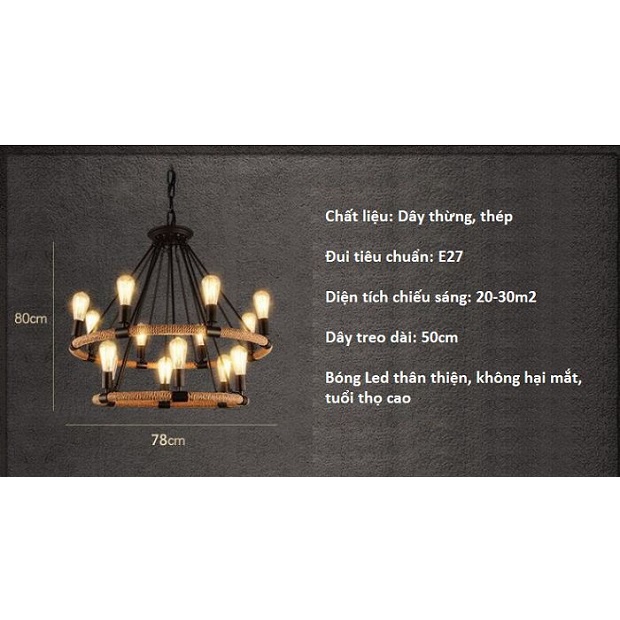 Đèn Chùm Dây Thừng 2 Tầng 14 Bóng Led Edison ST64, Đèn Chùm Thả Phòng Khách Giá Tốt