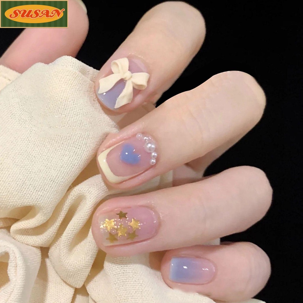Set 24 móng tay giả ngắn đầu vuông/ tròn thời trang có thể tháo rời tiện dụng