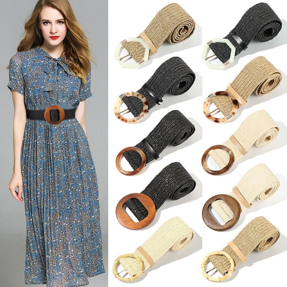 Thắt Lưng Bện Dây Cói Khóa Gỗ Phong Cách Bohemian Dành Cho Nữ