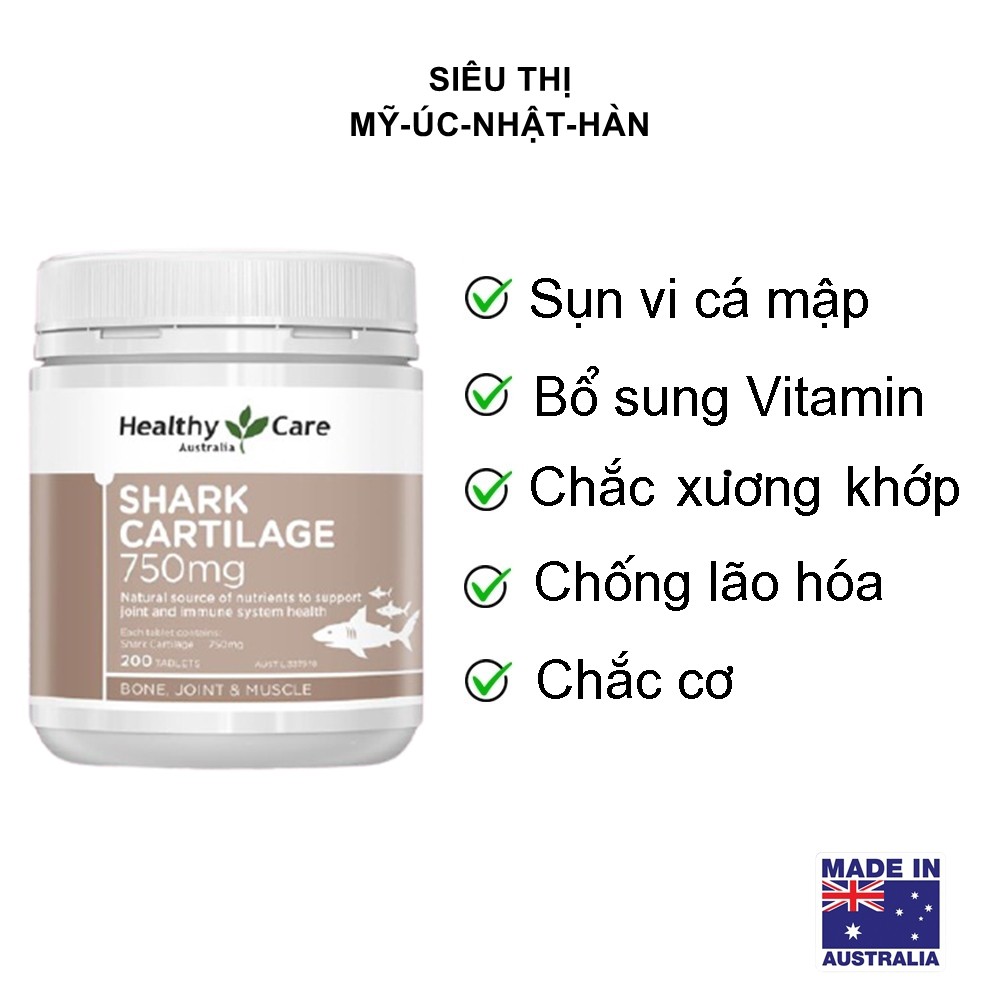 Sụn vi cá mập (200v) hỗ trợ xương khớp cho người lớn trên 18 tuổi Healthy Care Shark Cartilage 750mg, Úc