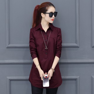 Áo sơ mi nữ dài tay màu trơn không có túi dáng rộng thường ngày