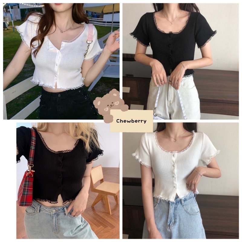 Áo Croptop Cộc Tay Phối Ren, Áo thun kiểu nữ đen trắng