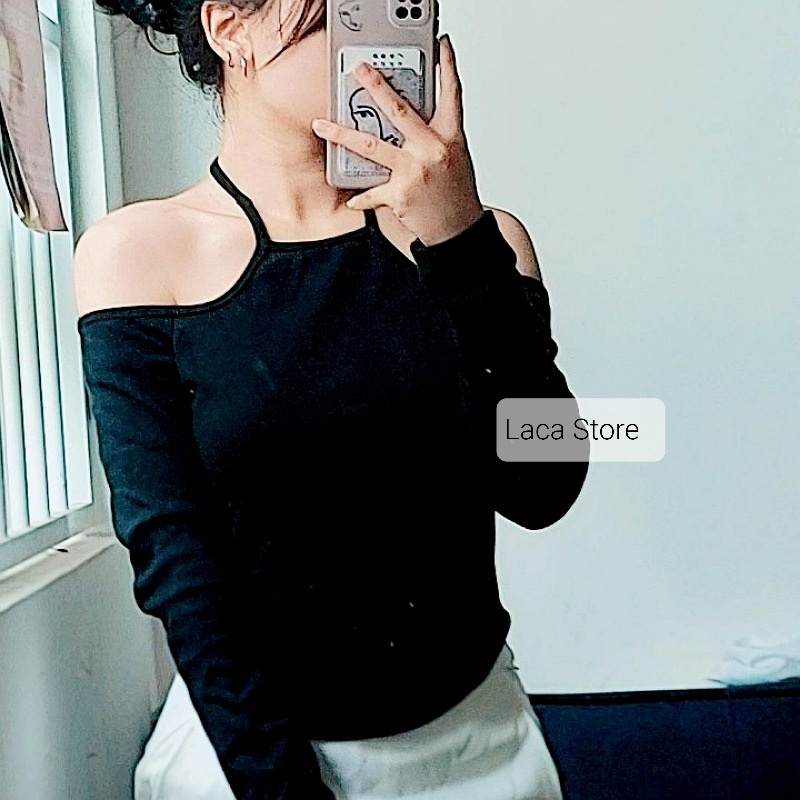 Áo Croptop Cổ Yếm Tay Dài Hở Vai Quyến Rũ Thời Trang Body Gợi Cảm Vạt Bầu Croptop Laca A19-4, áo crt kiểu khoét vai