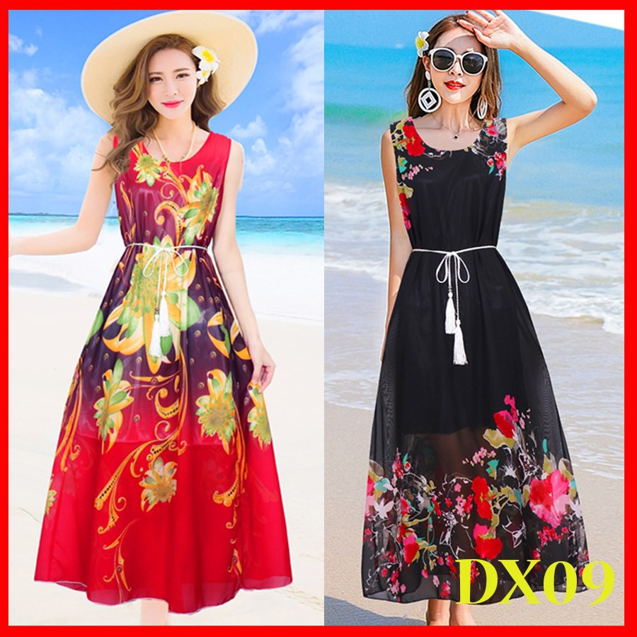 Đầm maxi voan hoa đỏ kèm dây thắt lưng DX09 - Đầm suông maxi đi biển, đi dạo phố damdutiecmaxi2019