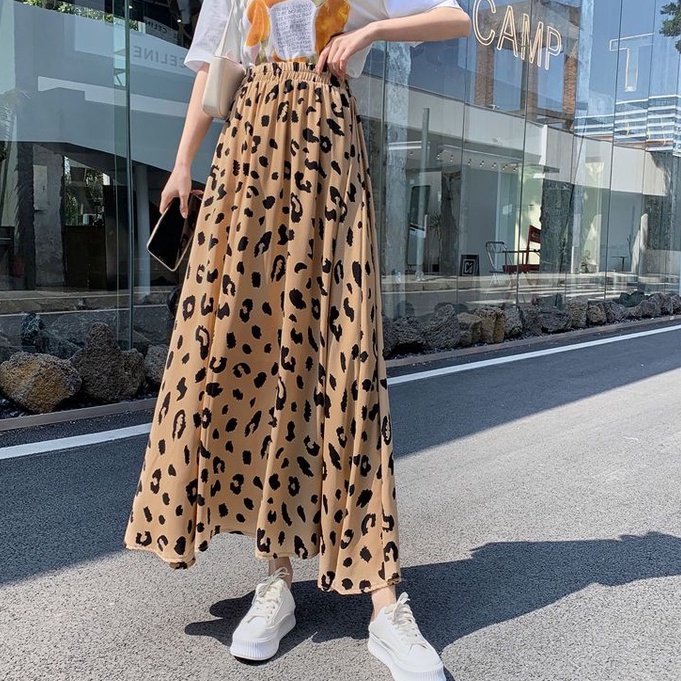 Chân váy midi BH chiffon chữ A lưng thun cao in họa tiết da báo thời trang 2022