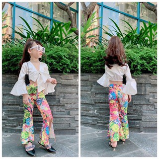 Set áo trắng bánh bèo kèm quần loe sắc màu cho bé gái