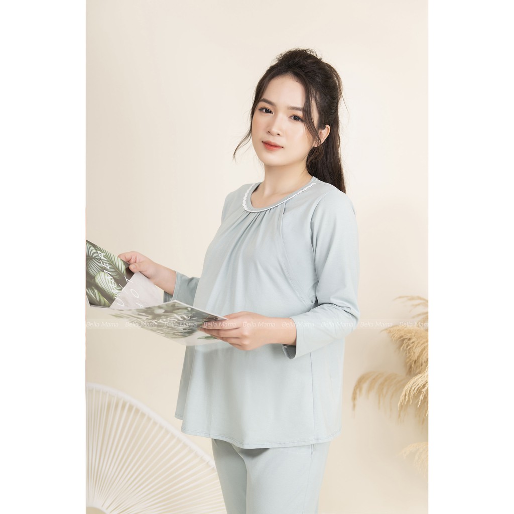 🤰Đồ ngủ bầu sau sinh thiết kế pha ren Bella🌸100% cotton mềm mại, thíết kế tiện lợi cho bú và quần chỉnh chun bụng| 2 màu