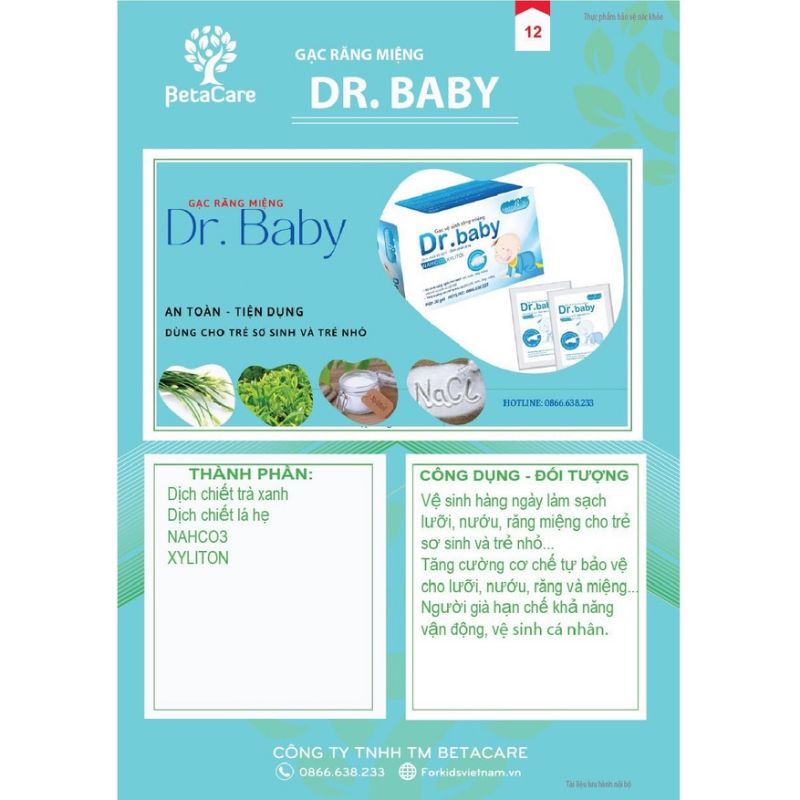 Gạc vệ sinh răng miệng Dr.baby (hộp 30gói) Dr Baby dịch chiết trà xanh- lá hẹ NaHCO3 Xylitol bảo vệ lưỡi-nướu-răng miệng