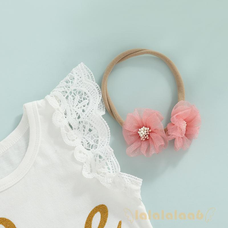 Set Đồ 3 Món Gồm Áo Liền Quần Tay Bay In Chữ Viền Ren + Chân Váy Lưới Thắt Nơ Thời Trang Cho Bé Gái