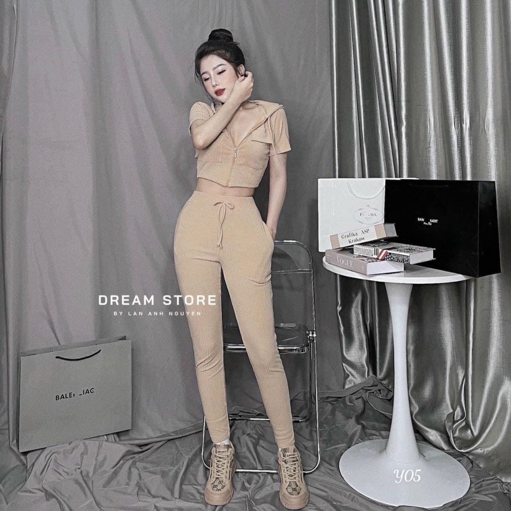 [set bộ] Set bộ 2 món áo và quần đi chơi quần dài ống túm kèm áo croptop kiểu nữ có dây kéo