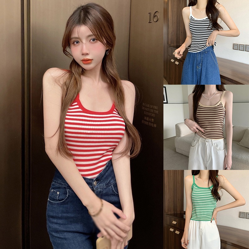 Áo Sát Nách Cổ Tròn Dáng Ôm Kẻ Sọc Thoáng Khí Thời Trang Cho Nữ