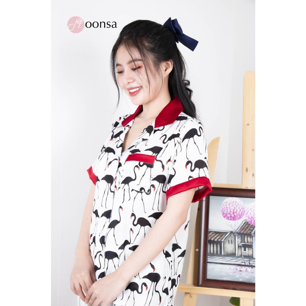 [Mã WARN60 hoàn 15% xu đơn 300k] Bộ pijama Lụa hàn siêu mềm Họa Tiết Hạc Đen [Moonsa] | BigBuy360 - bigbuy360.vn