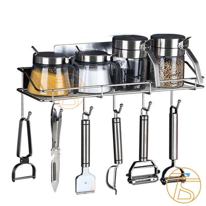 Kệ Gia Vị Inox Dán Tường Có 6 Móc Treo - Kệ Để Đồ Phòng Tắm Kèm 2 Miếng Keo Dán 16x7cm