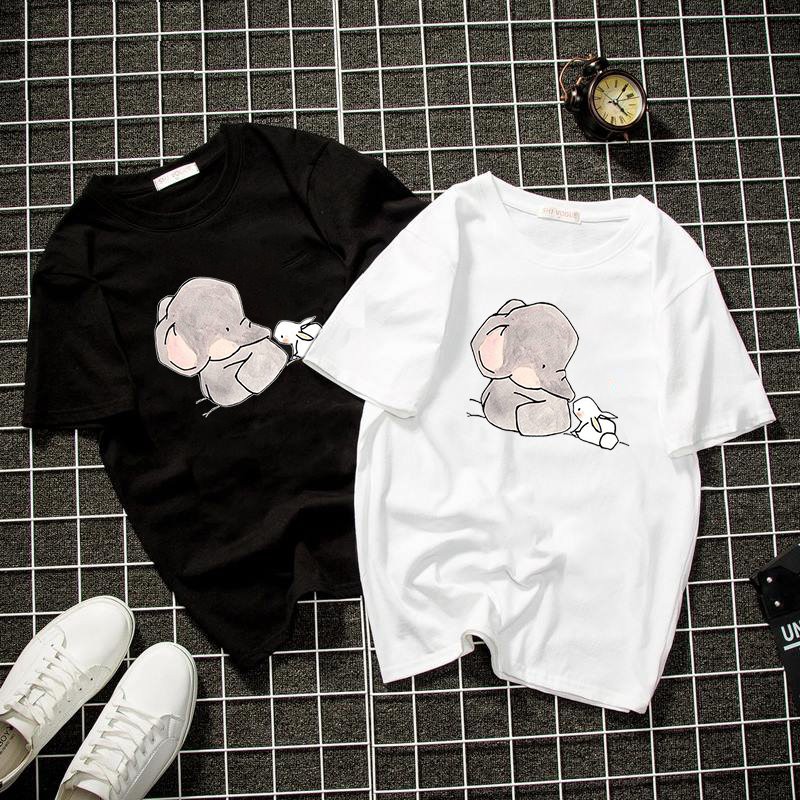 Áo thun Unisex form rộng voi và thỏ dễ thương Hàn Quốc vải dày mịn 2019T1559