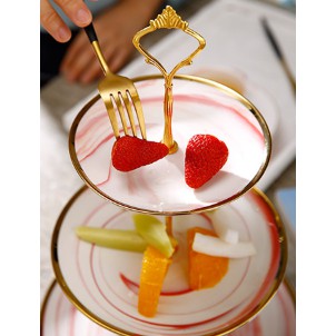Bộ khay đựng mức, bánh kẹo trái cây màu loang hồng và xám viền vàng gốm sứ