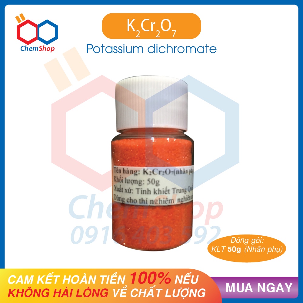 50g Hợp chất tinh khiết K2Cr2O7 (Potassium dichromate, nhãn phụ, chiết từ chai 500g)