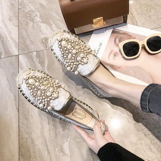 Giày lười vải lanh cotton đế bệt đính đá thời trang mùa xuân 2019 dành cho nữ