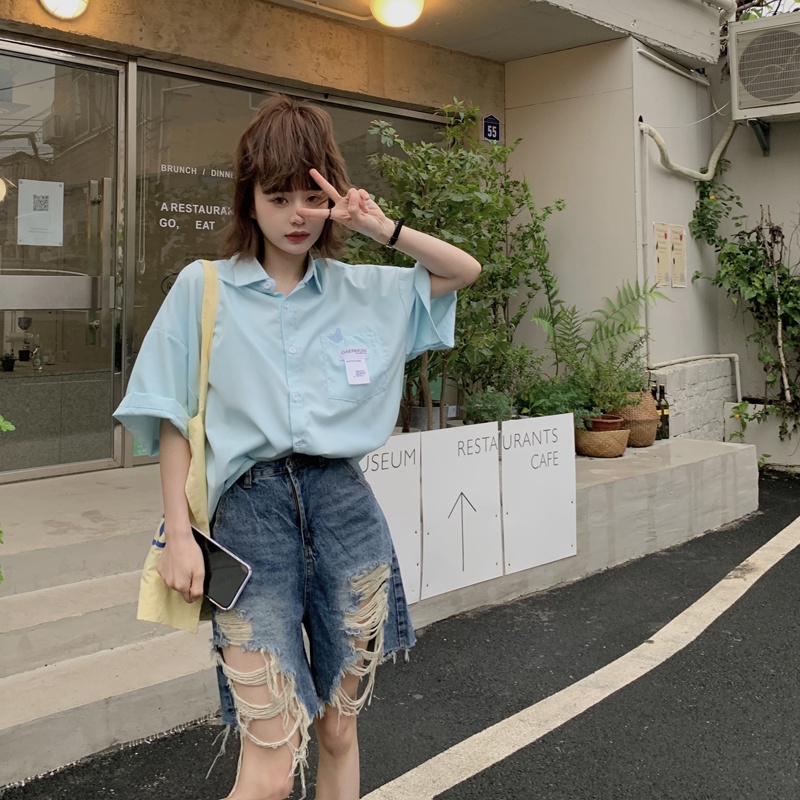 Áo Sơ Mi Tay Ngắn Dáng Rộng Phong Cách Hàn Quốc Mới Dành Cho Nữ