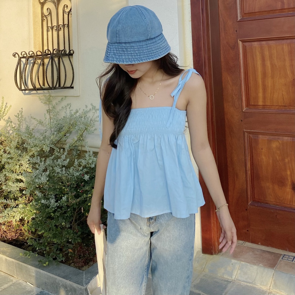 Áo Kiểu Xinh Xắn Cột Dây Nơ Hot Trend Màu Xanh Biển
