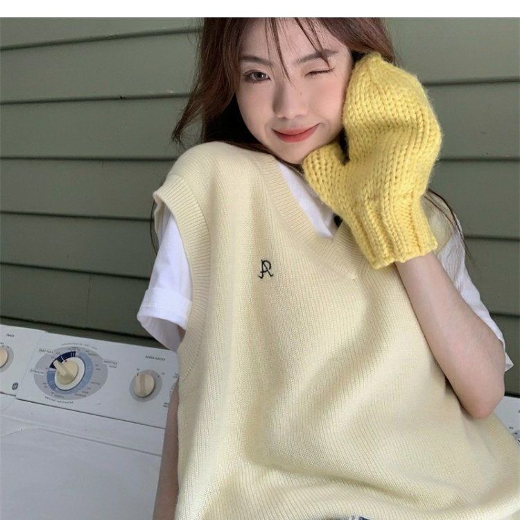 Áo Dệt Kim Sát Nách Dáng Rộng Cổ Chữ V Màu Trơn Đơn Giản Thời Trang Cho Nữ