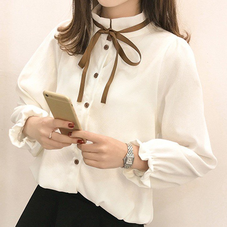Áo sơ mi nữ trắng dài tay đính nơ cổ đứng babydoll bo chun, Áo sơ mi nữ trắng dài tay bồng cổ buộc nơ siêu xinh