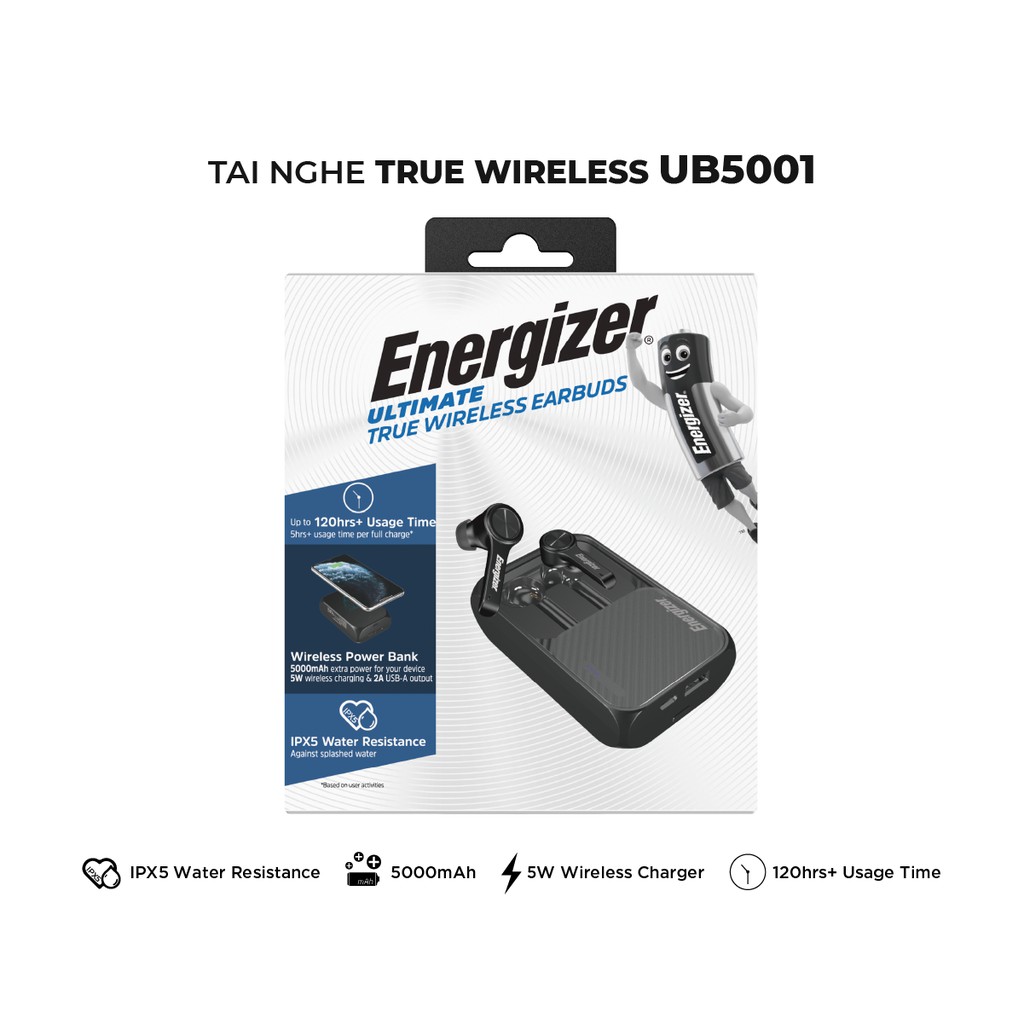 [Mã SKAMCLU9 giảm 10% đơn 100K] Tai nghe True Wireless Stereo Energizer UB5001 kiêm sạc dự phòng 5000mAh, bluetooth V5.