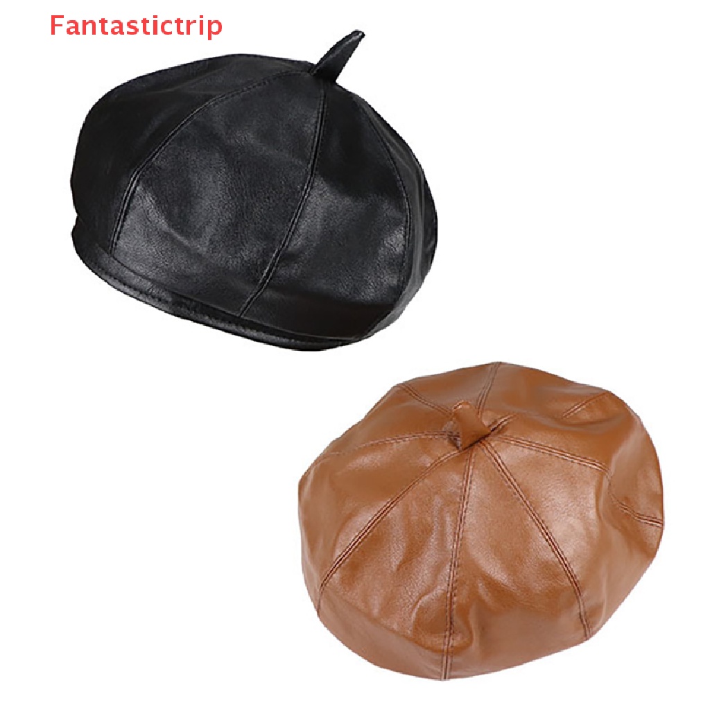 [Fantastictrip] Mũ Nồi Da PU Màu Đỏ / Trắng In Chữ Phong Cách Họa Sĩ Anh Quốc Cổ Điển Thời Trang Thu Đông Mới