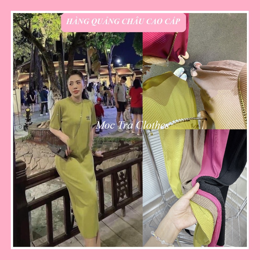 Đầm suông nữ trơn Quảng Châu thiết kế cổ tròn ngắn tay trẻ trung, Váy xuông nữ chất ly tăm dày dặn