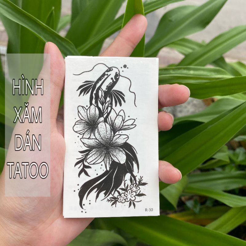 Hình xăm hoa đơn sắc + cá r30. Tatoo dán size 10x6cm