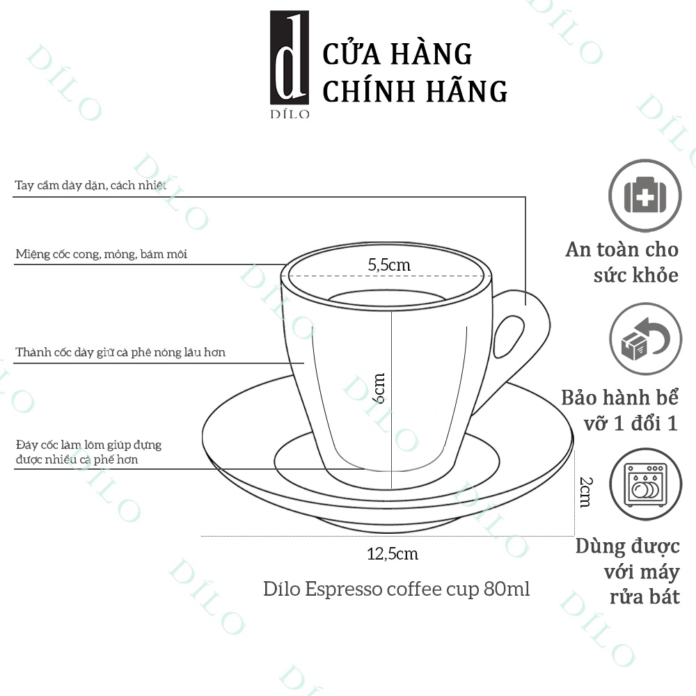Ly Cà Phê 80ml Dày Dặn Giữ Nhiệt Tốt và Đĩa Lót - Espresso Cup & Saucer - Thương Hiệu Dílo - Nhận in logo theo yêu cầu