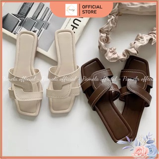 PAMELA - Dép Bệt Nữ Mũi Vuông Da Mờ Đi Biển Mix Quần Ống Rộng Siêu Sang 2021 - D25