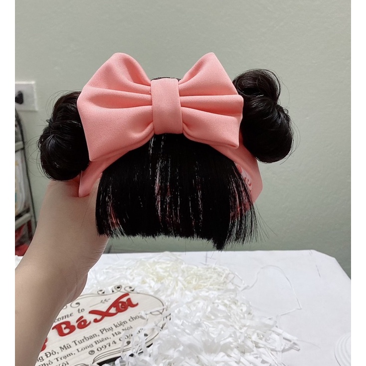 Turban tóc giả cho bé nơ kèm tóc mái - cotton mềm- Băng đô tóc giả cho bé