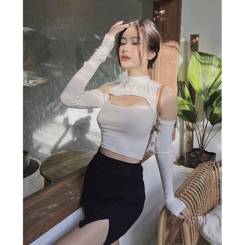 Áo croptop tay dài cut out vai hở ngực siêu sexy mie - 45TV
