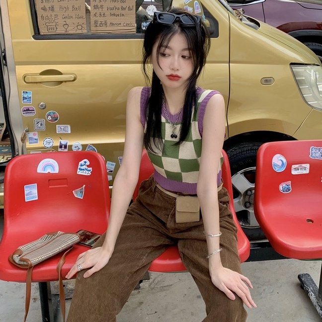 Áo croptop ZHELIHANGFEI dệt kim không tay hở vai màu sắc tương phản phong cách Retro thời trang Hàn Quốc