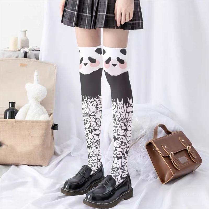 XIXI Vớ dài qua gối in hình gấu trúc hoạt hình dễ thương cho nữ