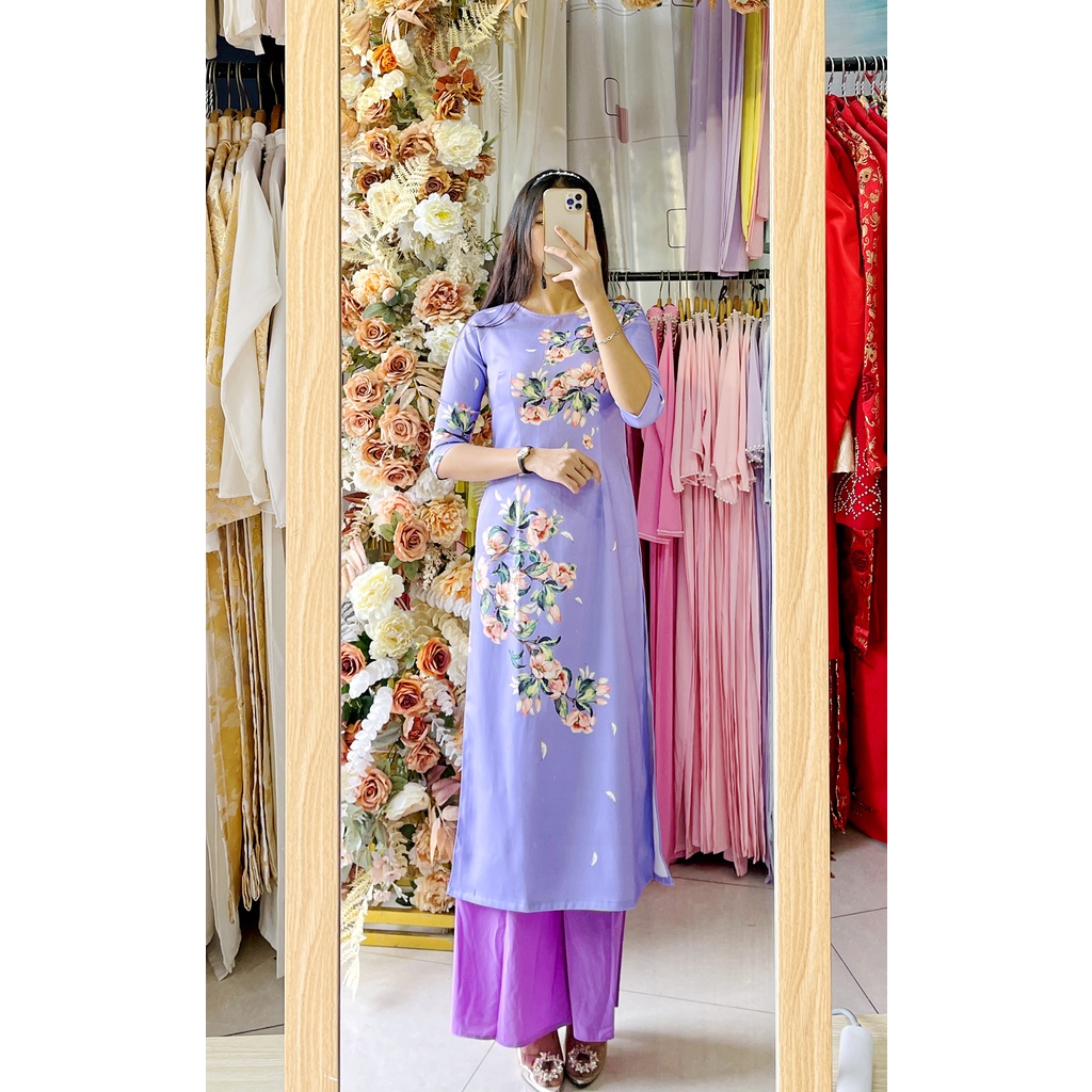 Áo dài gấm dày cách tân tà ngắn in họa tiết công - xanh ngọc - tím - lồng đèn pháo Tết