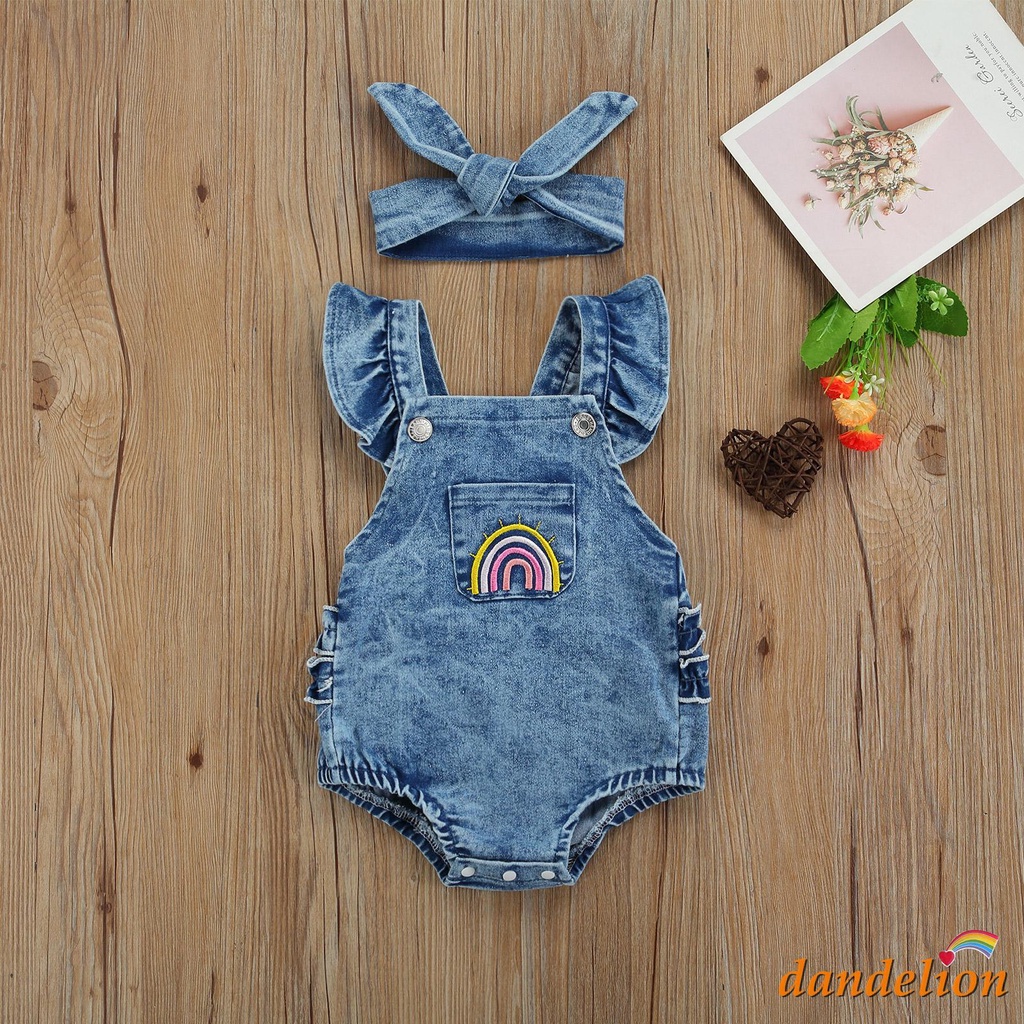 Bộ Áo Liền Quần Denim Tay Cánh Tiên Thêu Họa Tiết Cầu Vồng + Băng Đô