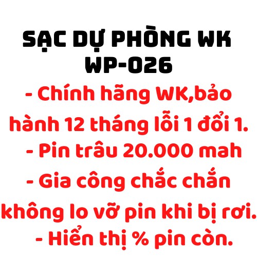 ⚡Pin Khủng⚡ Sạc Dự Phòng WK-WP 026 Dung Lượng 20.000 Mah Sạc Siêu Nhanh,Sạc 1 Lúc 2 Thiết Bị,Bảo Hành 12 Tháng-Sam store