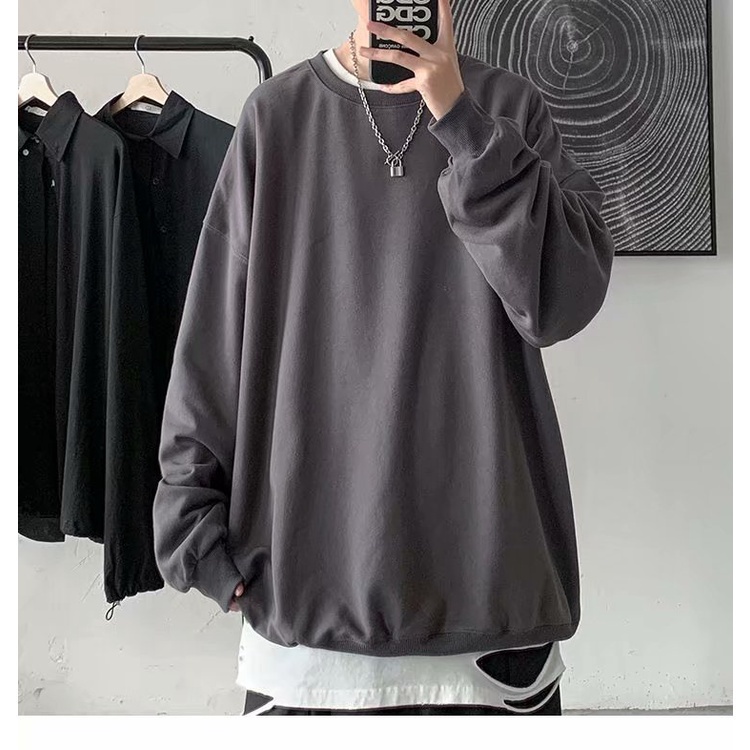 Áo Sweater Cổ Tròn Tay Dài Dáng Rộng Màu Trơn Thời Trang Mùa Thu Cho Nam Size M-8Xl 2021