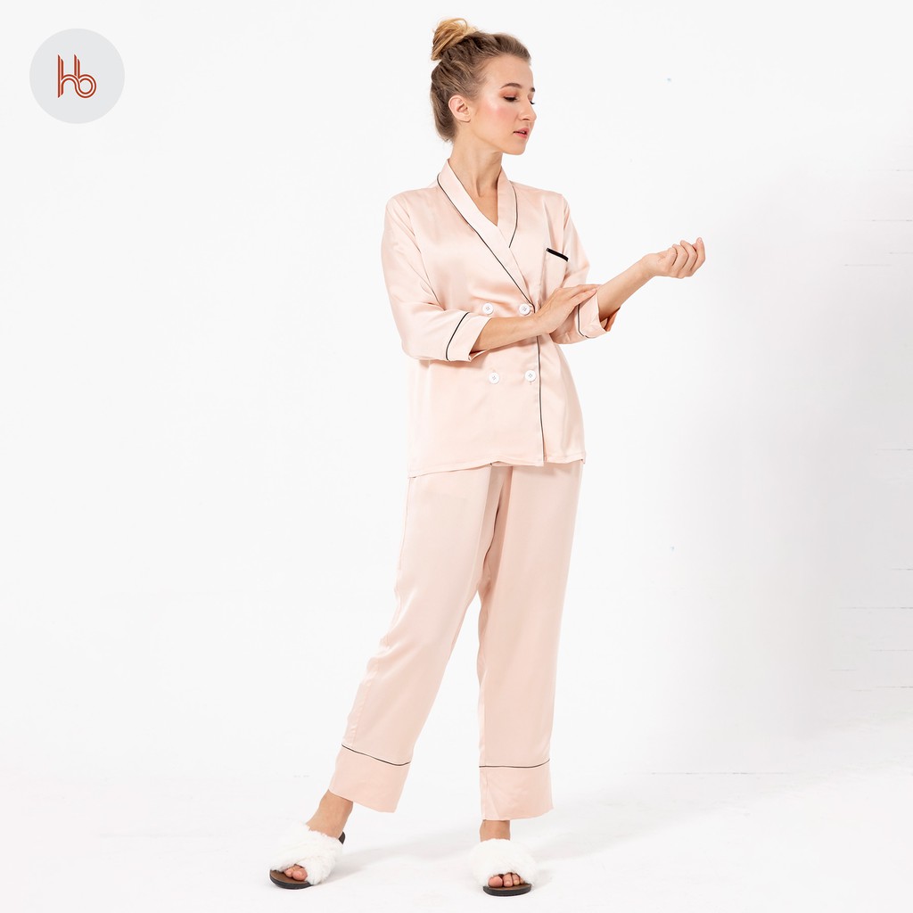 Set đồ bộ dài tay dài mặc nhà cổ vest Hibi HB108 - Quần có túi