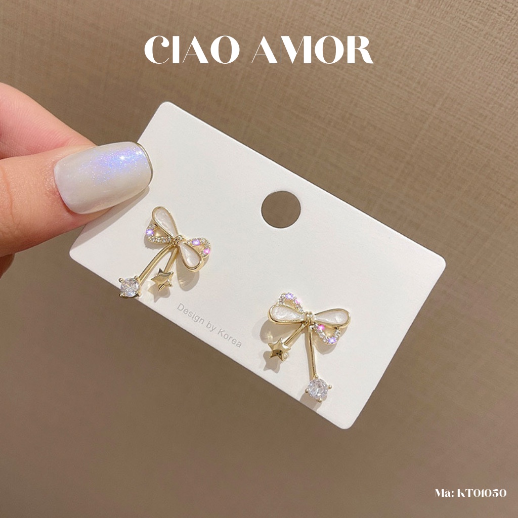 KT0149-Khuyên tai nữ, hoa tai ngắn nơ xà cừ dễ thương Trang sức Ciao Amor